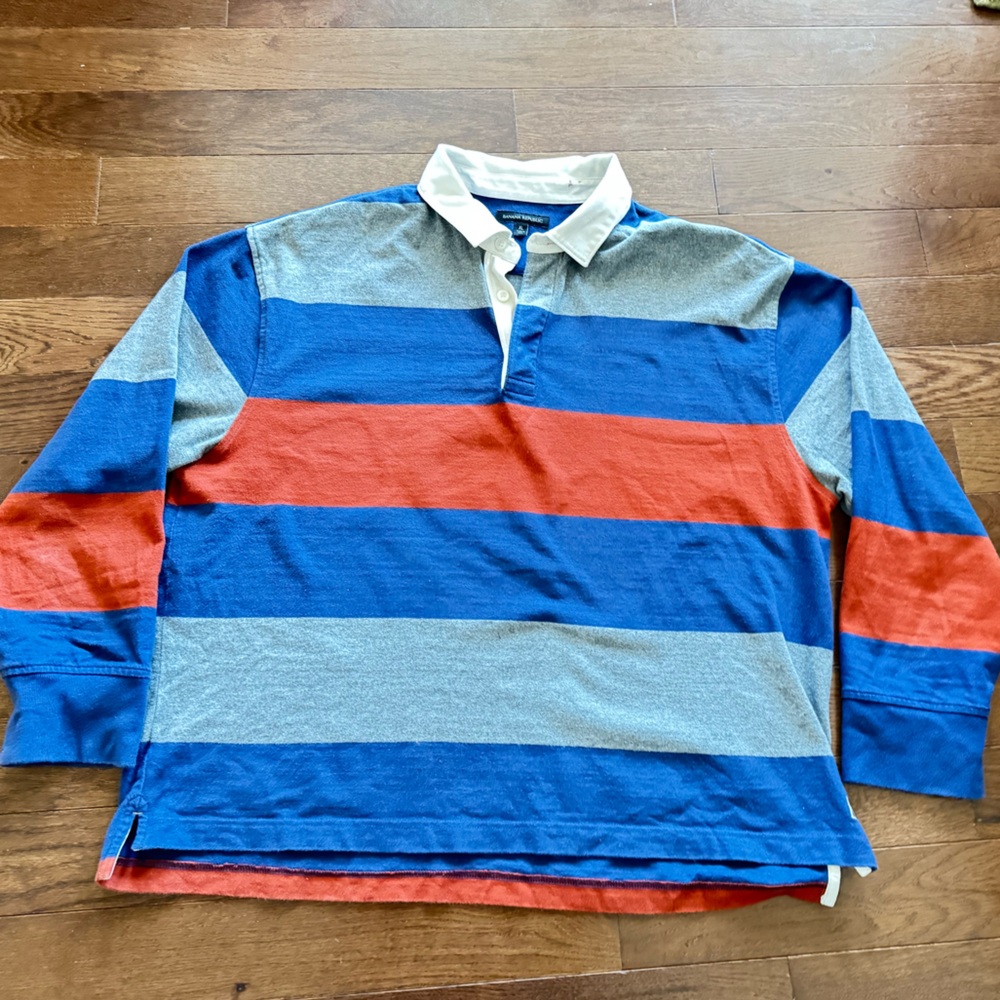 Banana Republic Striped Polo Shirt in Blue, Red, and Gray